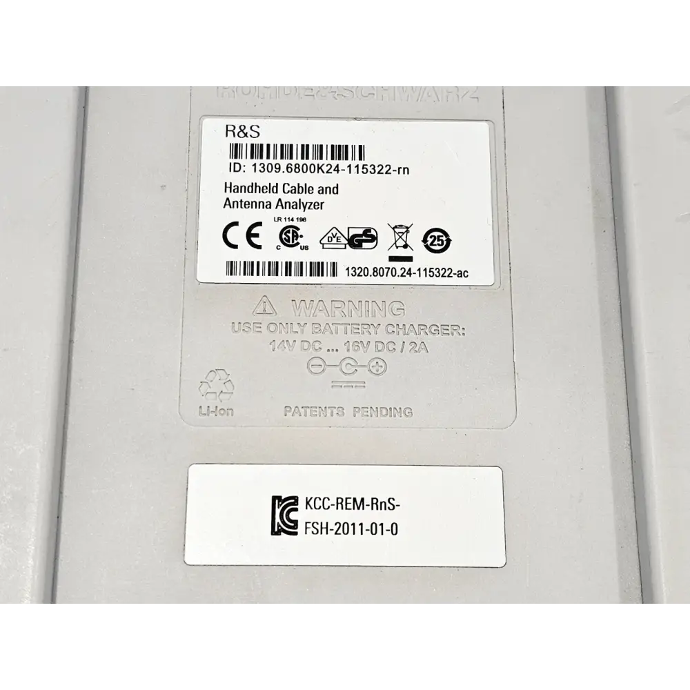 Rohde & Schwarz ZVH4 rear label close-up showing serial number, Li-Ion battery charger spec 14–16V DC/2A
