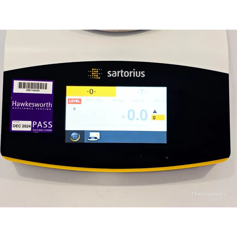 Sartorius SECURA6101-1CEU touchscreen displaying live weighing screen showing 0.0g reading and LEVEL indicator