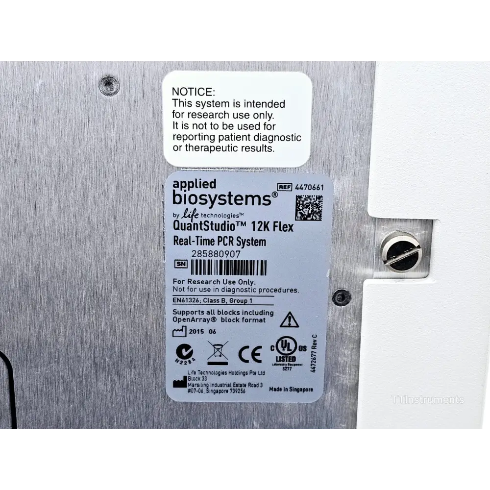 QuantStudio 12K Flex serial number label showing REF 4470661 SN 285880907 made in Singapore June 2015