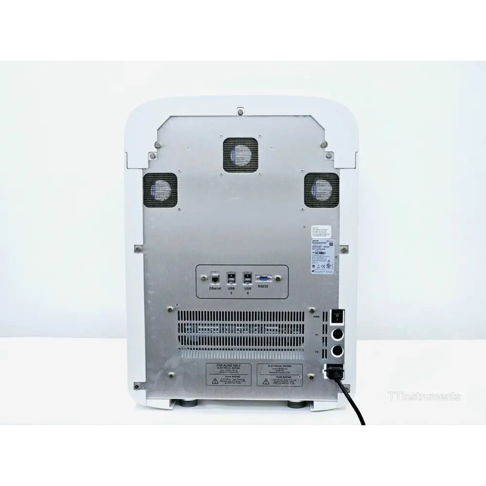 QuantStudio 12K Flex PCR System rear panel showing Ethernet, USB 3, USB 4, RS232 ports, fans and power switch
