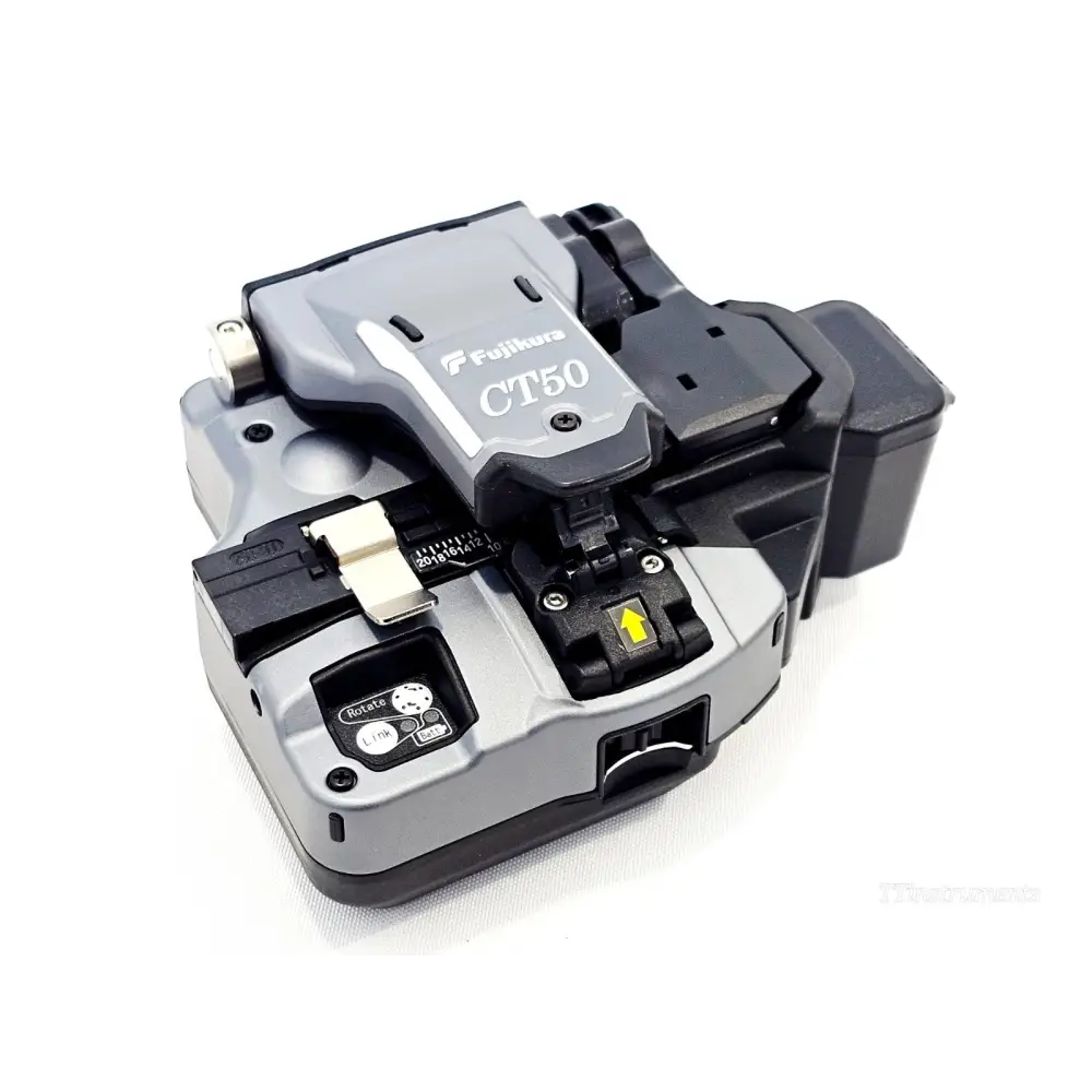 Fujikura CT-50 high-precision fibre cleaver top view showing 16-position blade mechanism and scrap collector