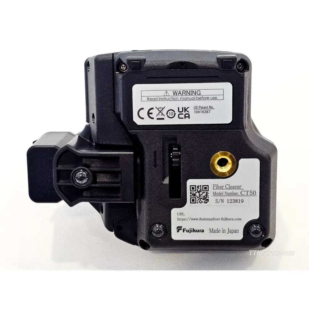Fujikura CT-50 fibre cleaver rear label showing model CT50, serial number 123819, CE and UKCA markings