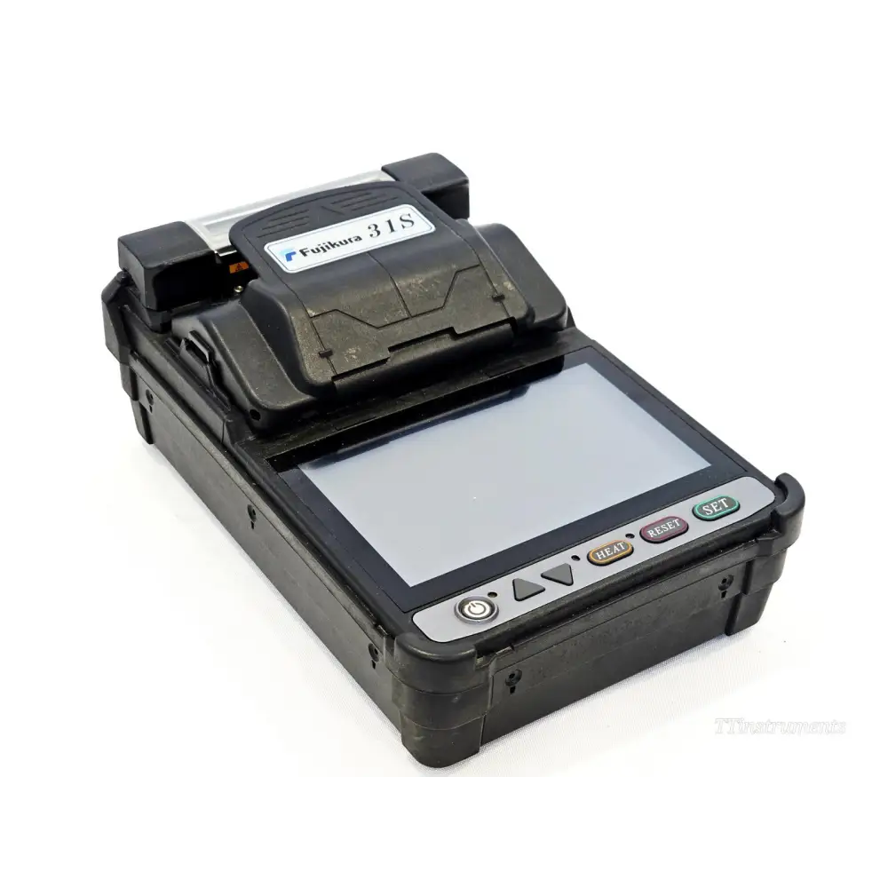 Fujikura 31S fusion splicer front-left angle view showing 5-inch touchscreen and HEAT RESET SET keypad