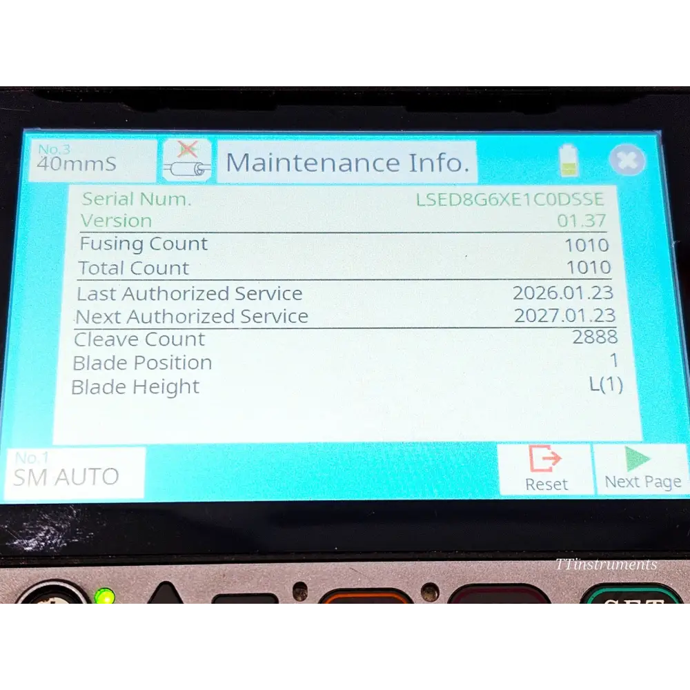 Fujikura 31S maintenance info screen showing fusing count 1010, firmware v01.37, service date Jan 2026