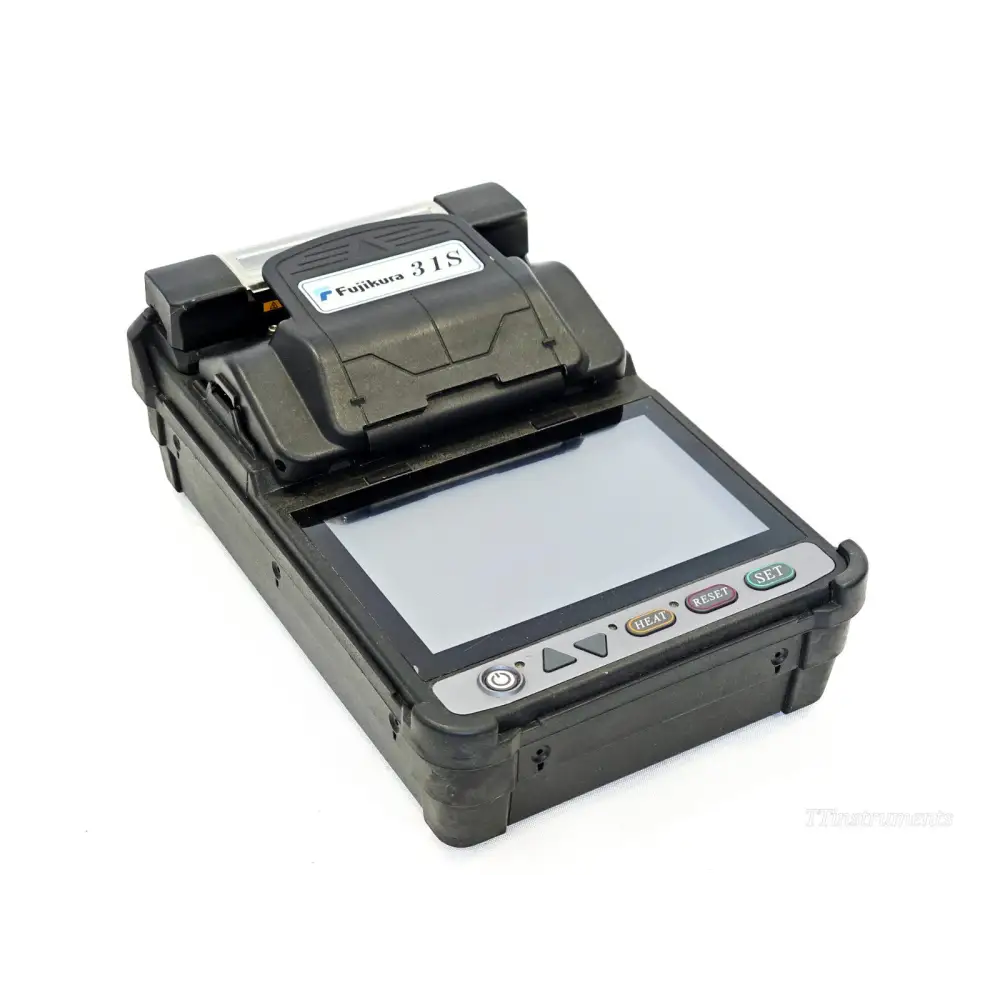 Fujikura 31S fusion splicer with fibre holder clamps and V-groove alignment system visible