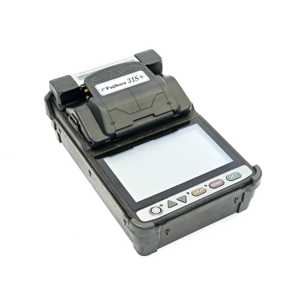 Fujikura 31S+ fusion splicer front-angle view showing 5-inch touchscreen and HEAT RESET SET controls