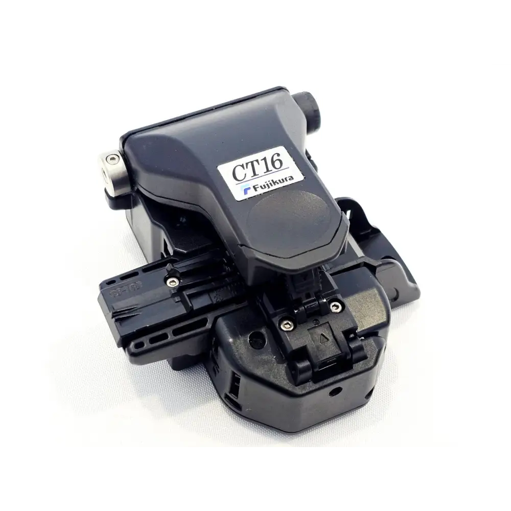 Fujikura CT16 fibre cleaver top view showing model label and single-step cleaving mechanism