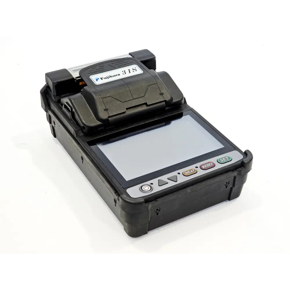 Fujikura 31S fusion splicer front three-quarter view showing 5-inch touchscreen and HEAT RESET SET buttons