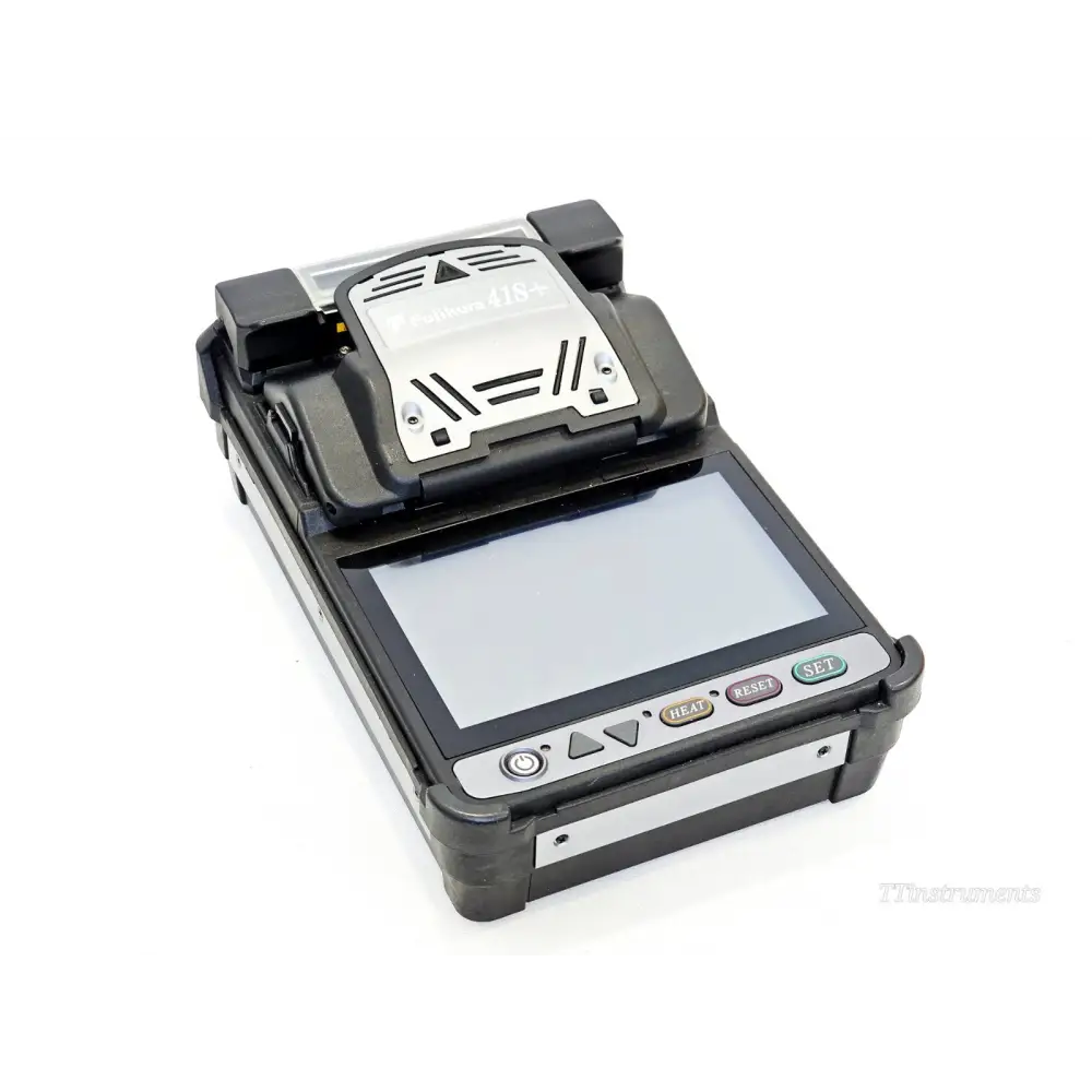 Fujikura 41S+ fusion splicer front view showing 5-inch touchscreen, wind protector open, and HEAT RESET SET buttons