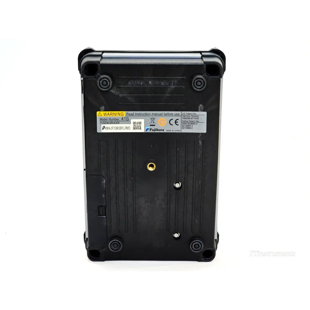 Fujikura 41S fusion splicer base label showing Model Number 41S, serial number PWM4JR7GM3BFLRMD, Made in Japan