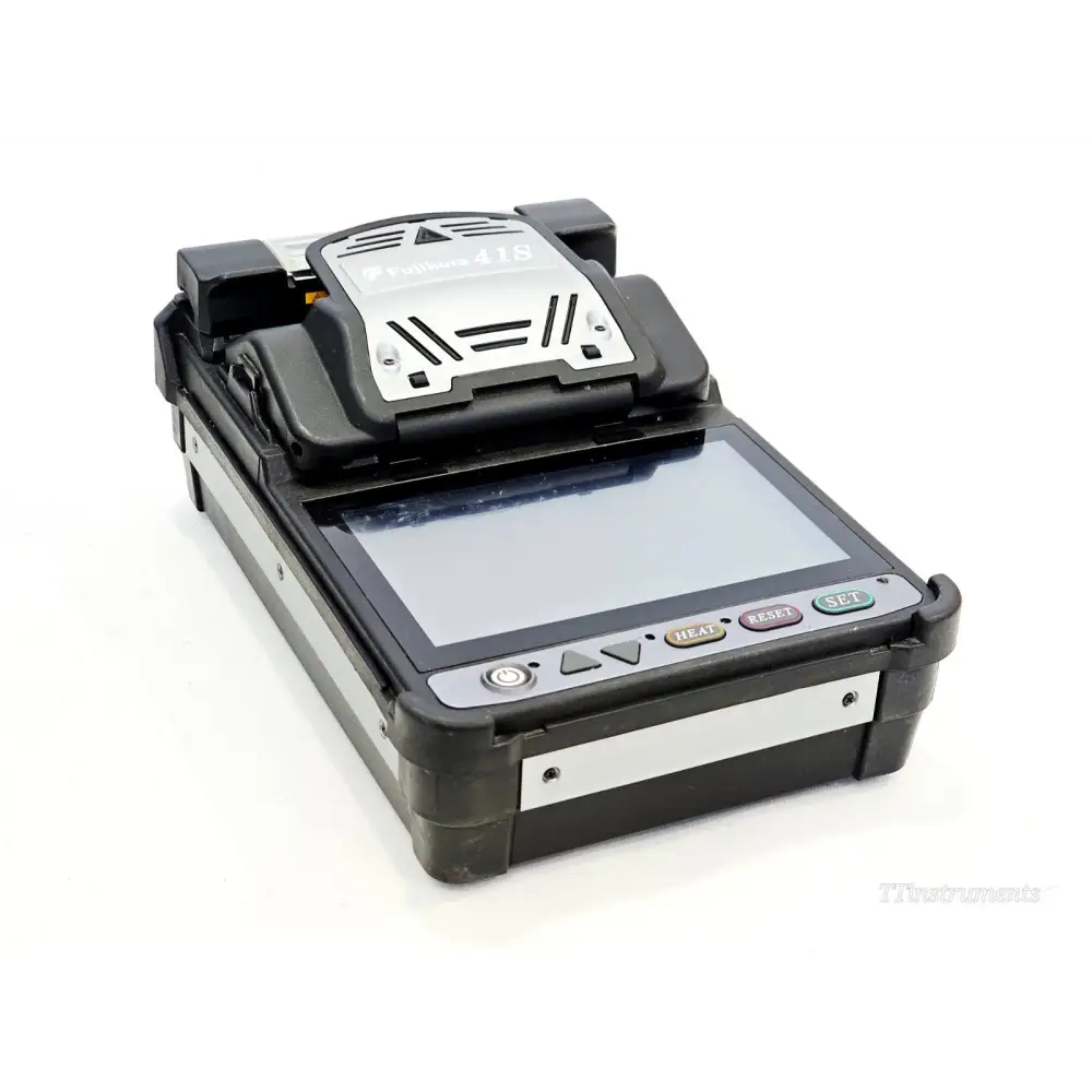 Fujikura 41S fusion splicer front-left angle view showing 5-inch touchscreen, HEAT RESET SET buttons and wind protector lid