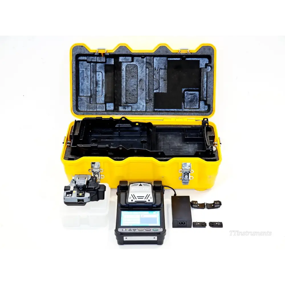 Fujikura 41S fusion splicer kit laid out beside open yellow transit case with CT50 cleaver, battery pack and fibre holders