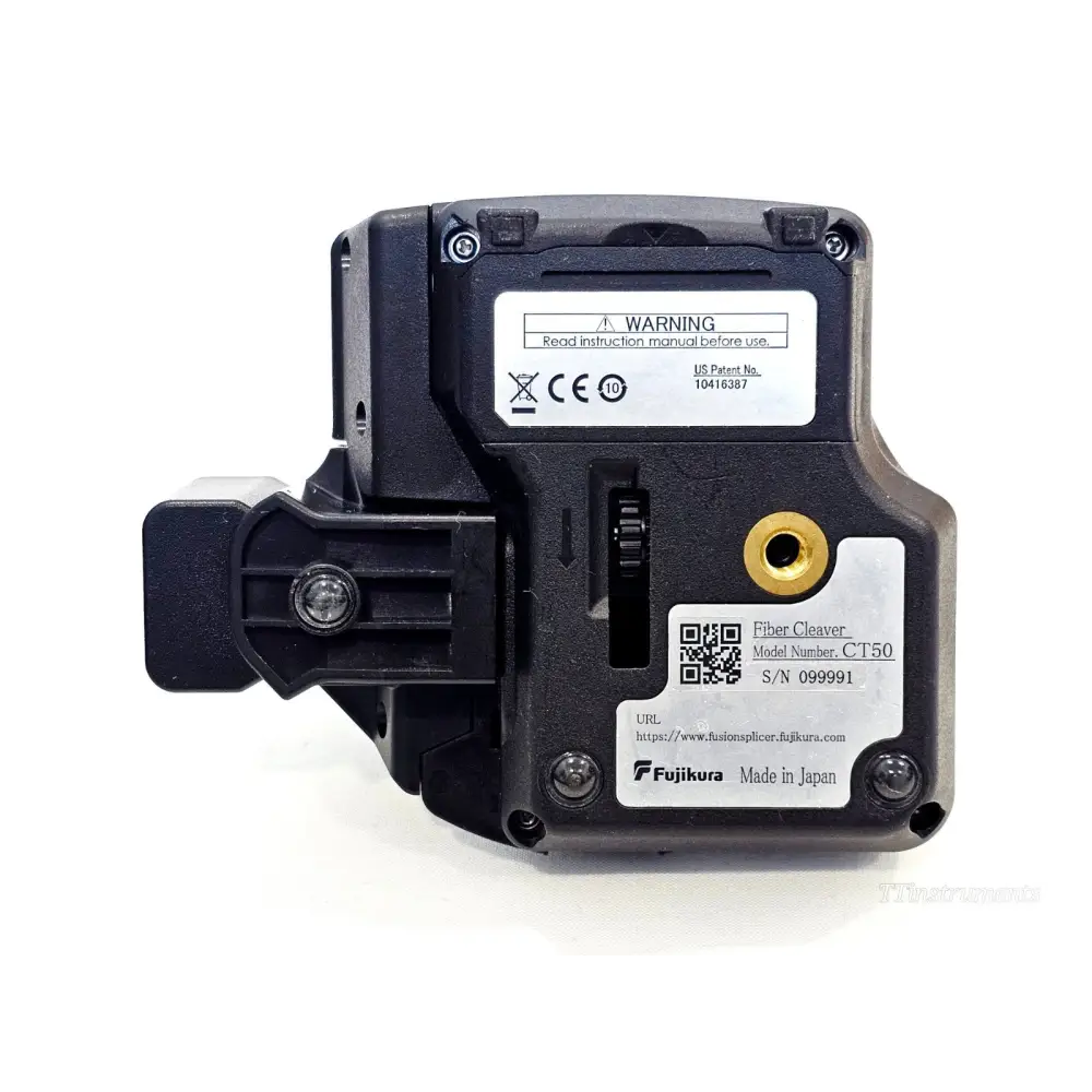 Fujikura CT50 fibre cleaver underside label showing Model CT50, S/N 099991, CE mark, Made in Japan by Fujikura