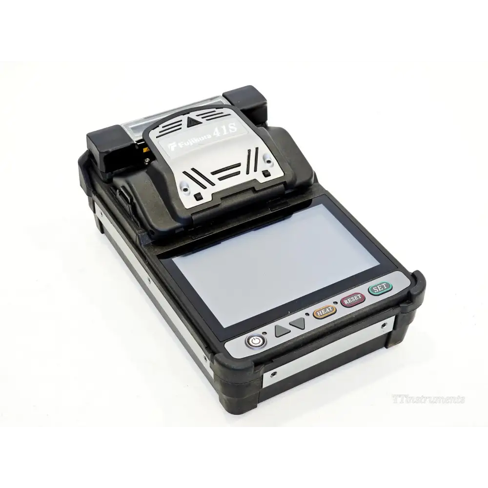 Fujikura 41S fusion splicer front-angle view showing 5-inch touchscreen, lid open, and HEAT RESET SET control buttons