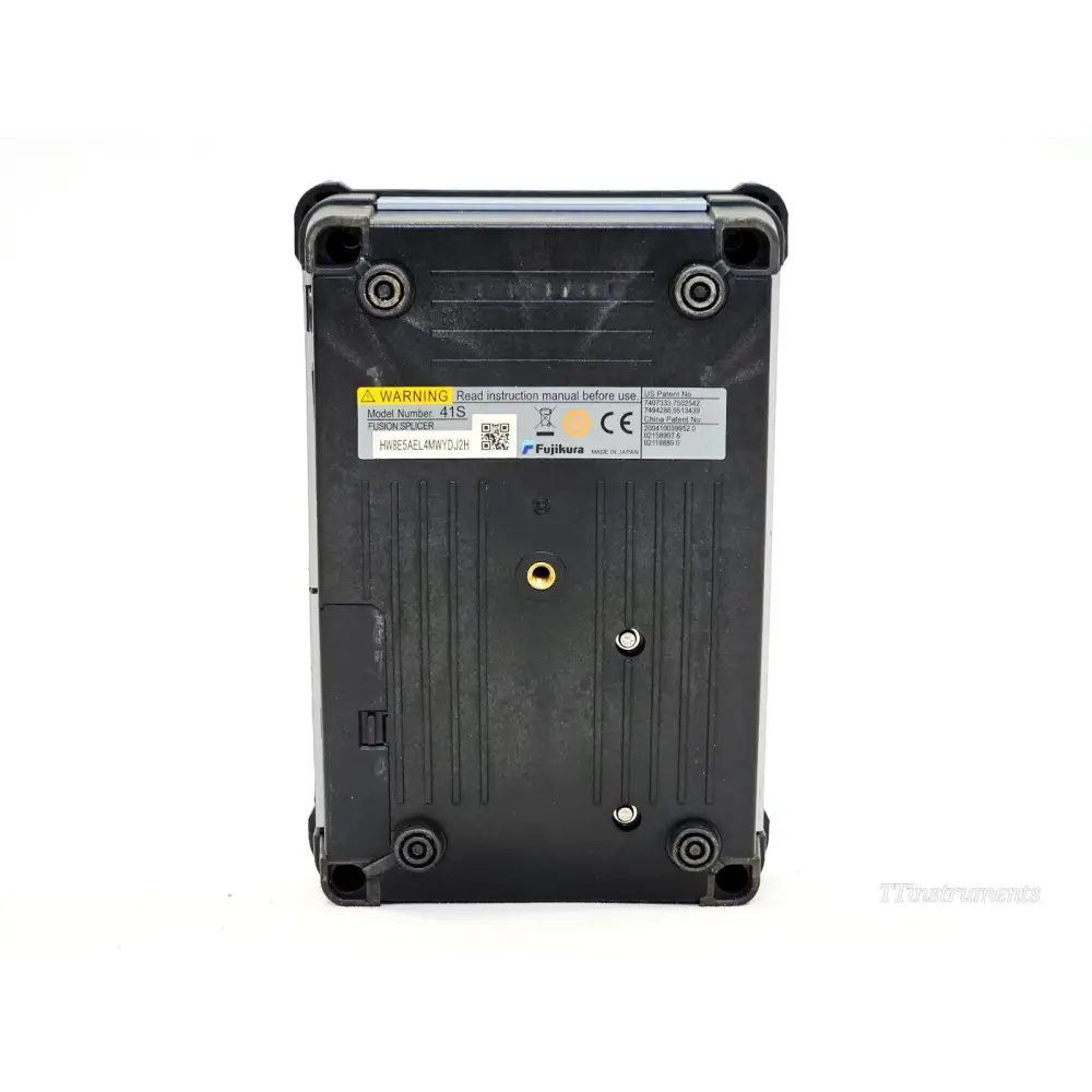 Fujikura 41S fusion splicer base label showing model number 41S, serial HW8E5AEL4MWYDJ2H, Made in Japan, CE marked