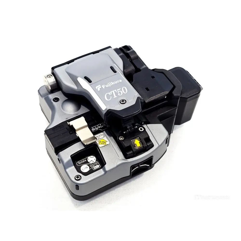 Fujikura CT50 fibre cleaver top view showing blade rotation indicator, clamp mechanism, and Fujikura branding