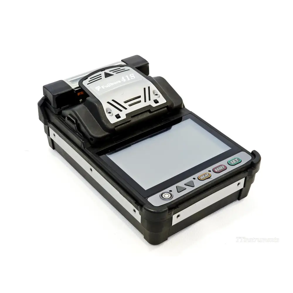 Fujikura 41S fusion splicer front three-quarter view showing 5-inch touchscreen and wind hood closed