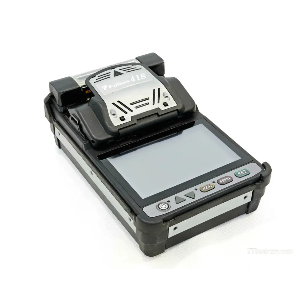 Fujikura 41S splicer side view showing body, connectors, and AC adapter port