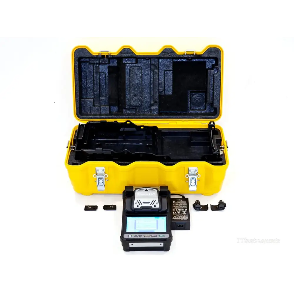 Fujikura 41S fusion splicer with yellow hard carry case open, AC charger, battery and fibre holder accessories