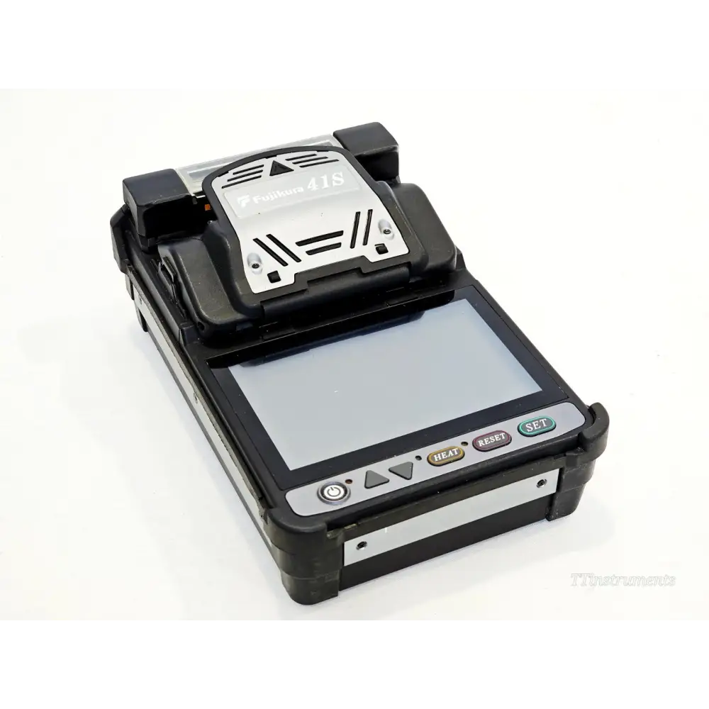 Fujikura 41S fusion splicer front angled view showing 5-inch touchscreen, HEAT RESET SET buttons and wind hood