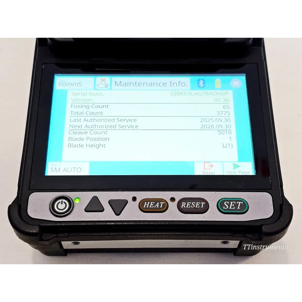 Fujikura 41S maintenance screen showing fusing count 65, total count 3775, last service 2025.09.30, firmware v01.36