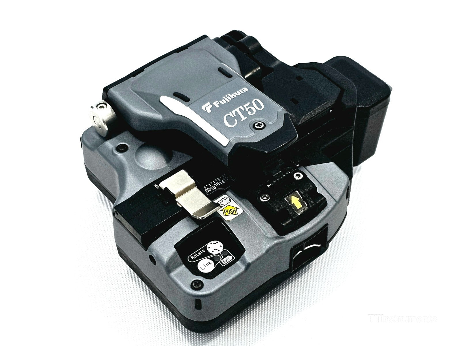 Fujikura 41S+ splicer detail view showing electrode compartment and V-groove illumination