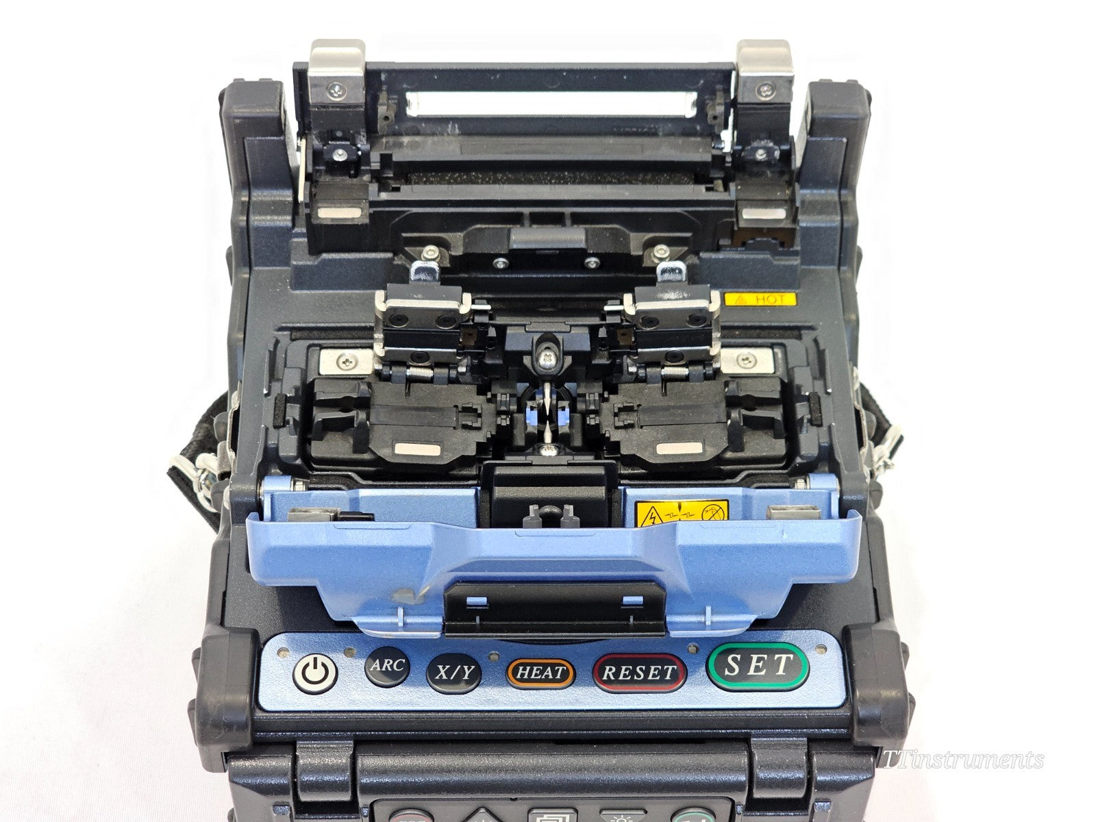 Fujikura 62S+ splicer with AC adapter, battery pack, and work tray accessories