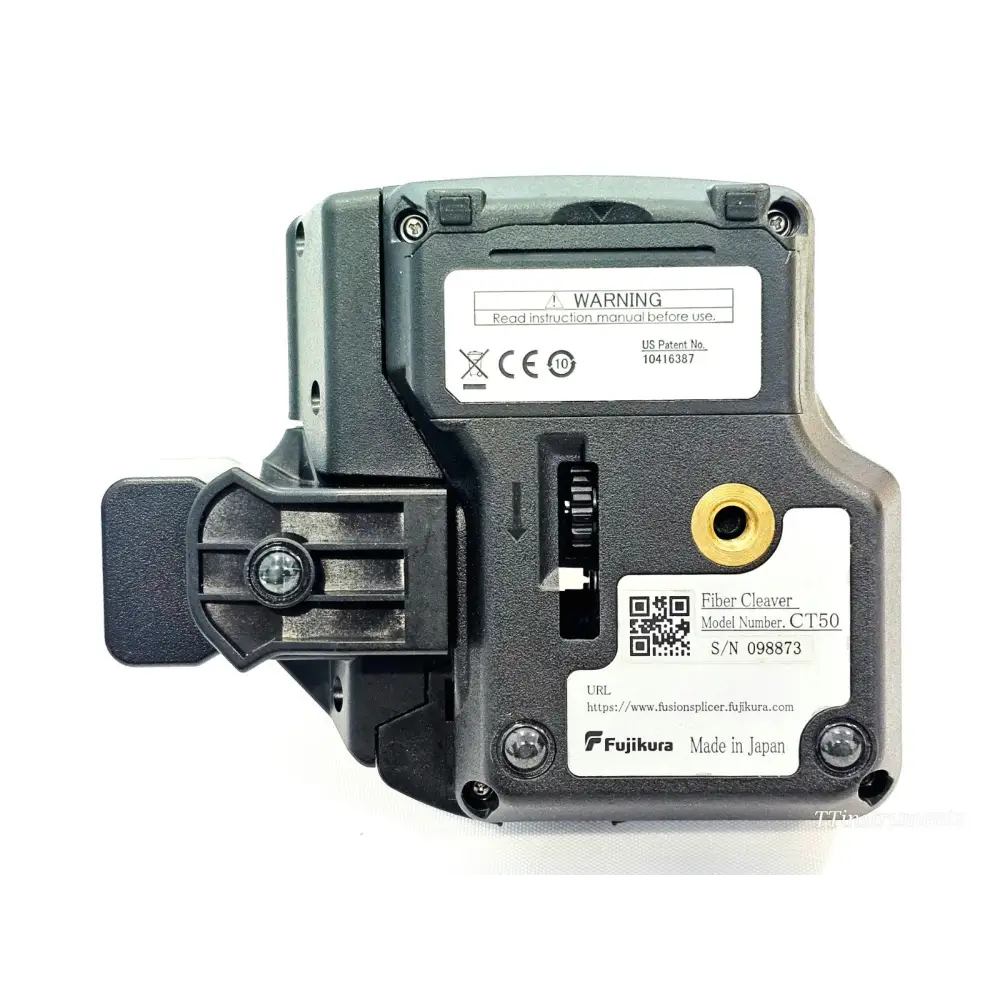 Fujikura CT50 fibre cleaver rear view showing model label, serial number 098873, CE marking and belt clip