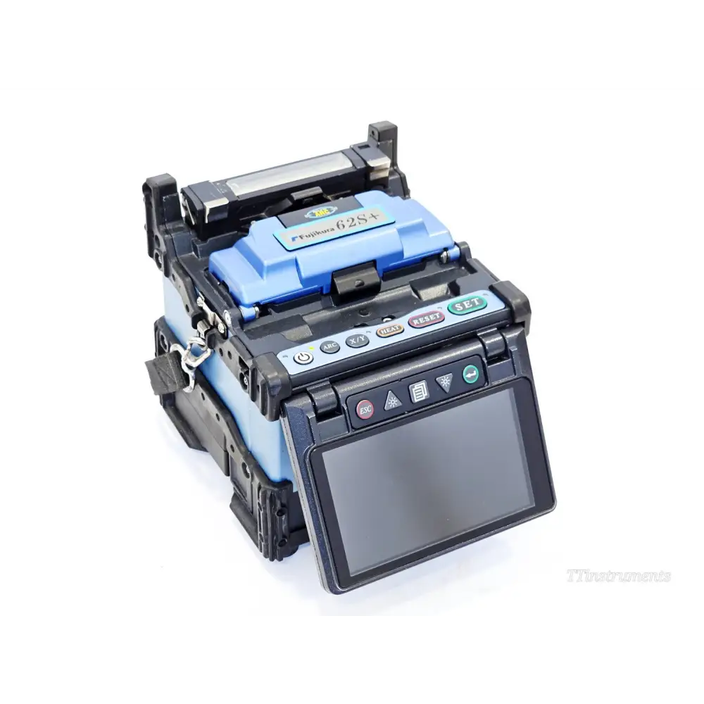 Fujikura 62S+ fusion splicer open lid showing fibre clamps and electrode assembly