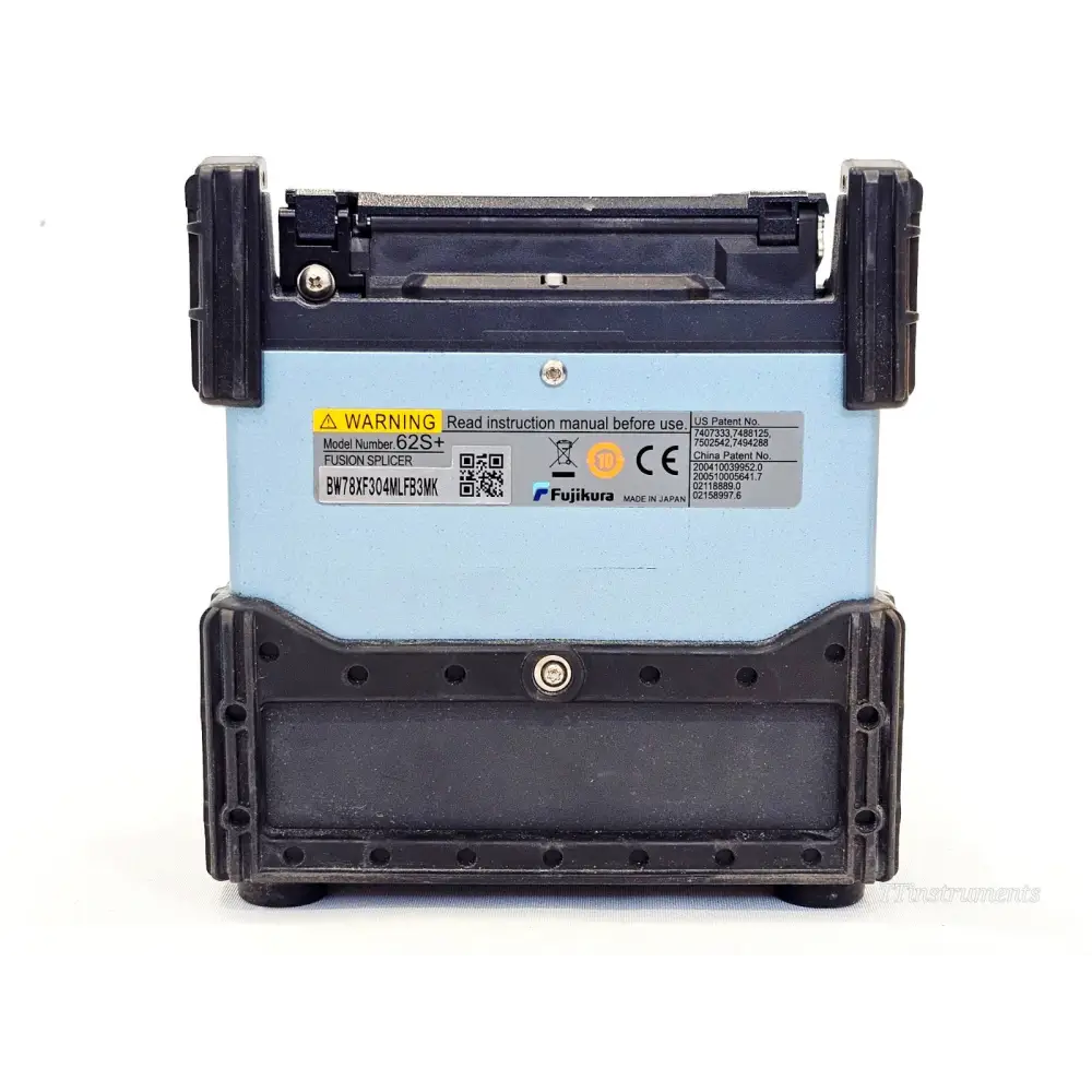 Fujikura FSM-62S+ rear label showing model number 62S+, serial BW78XF304MLFB3MK and Made in Japan markings