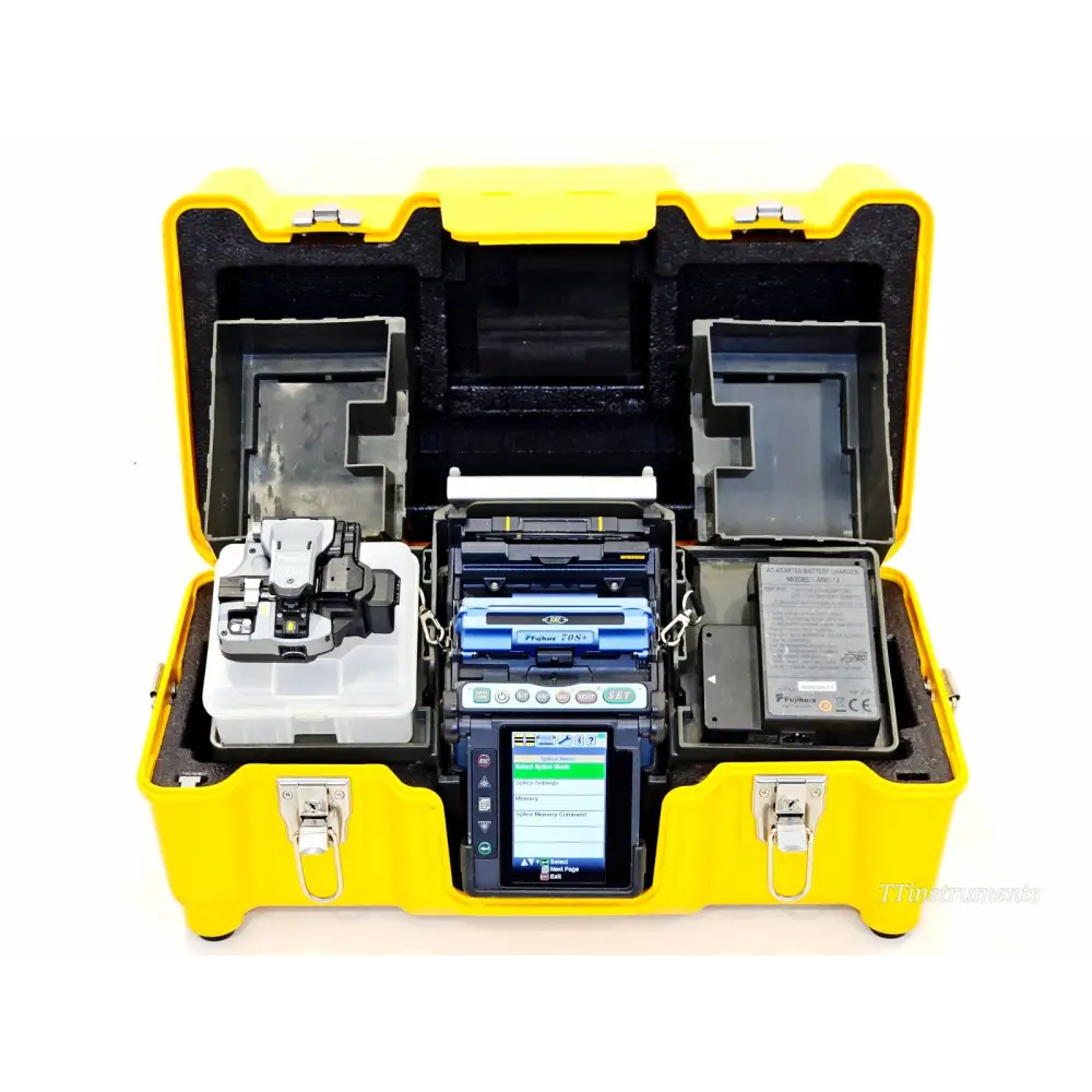 Fujikura 70S+ fiber optic fusion splicer front view showing display and wind protector