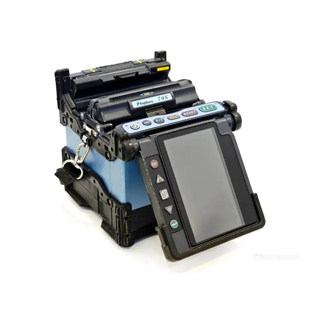 Fujikura FSM-70S fusion splicer front-angle view showing LCD touchscreen display and control buttons