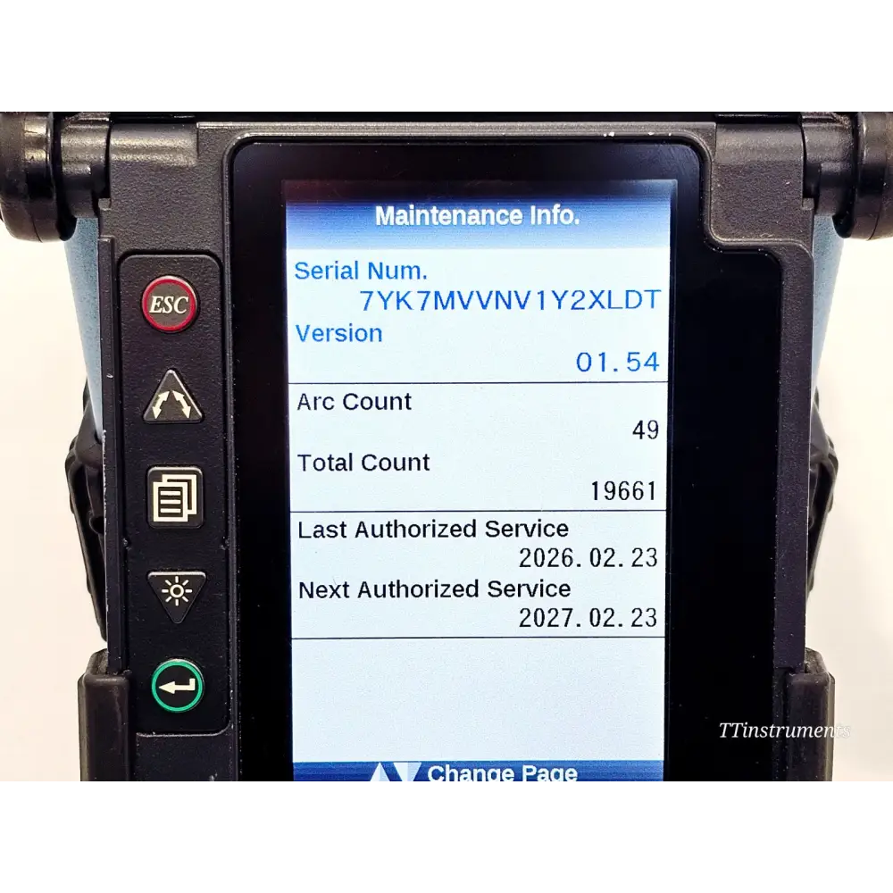 Fujikura FSM-70S maintenance screen showing arc count 49, total count 19661, last service 2026.02.23, next 2027.02.23
