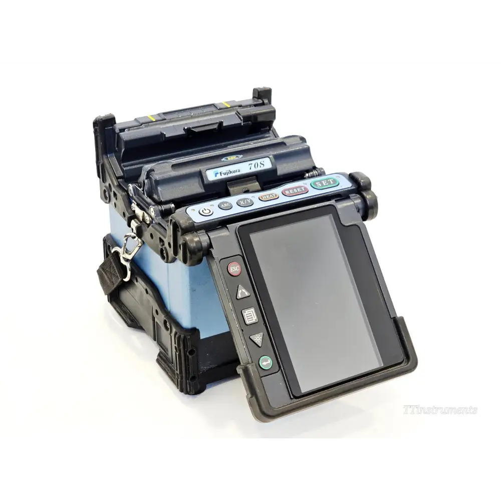 Fujikura FSM-70S fusion splicer front-right angle view showing colour LCD monitor, control buttons and fibre clamps
