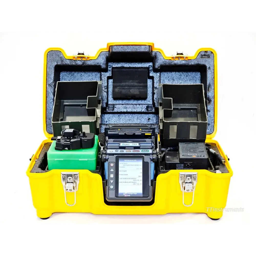 Fujikura 70S fusion splicer front view showing LCD monitor and fibre loading bay