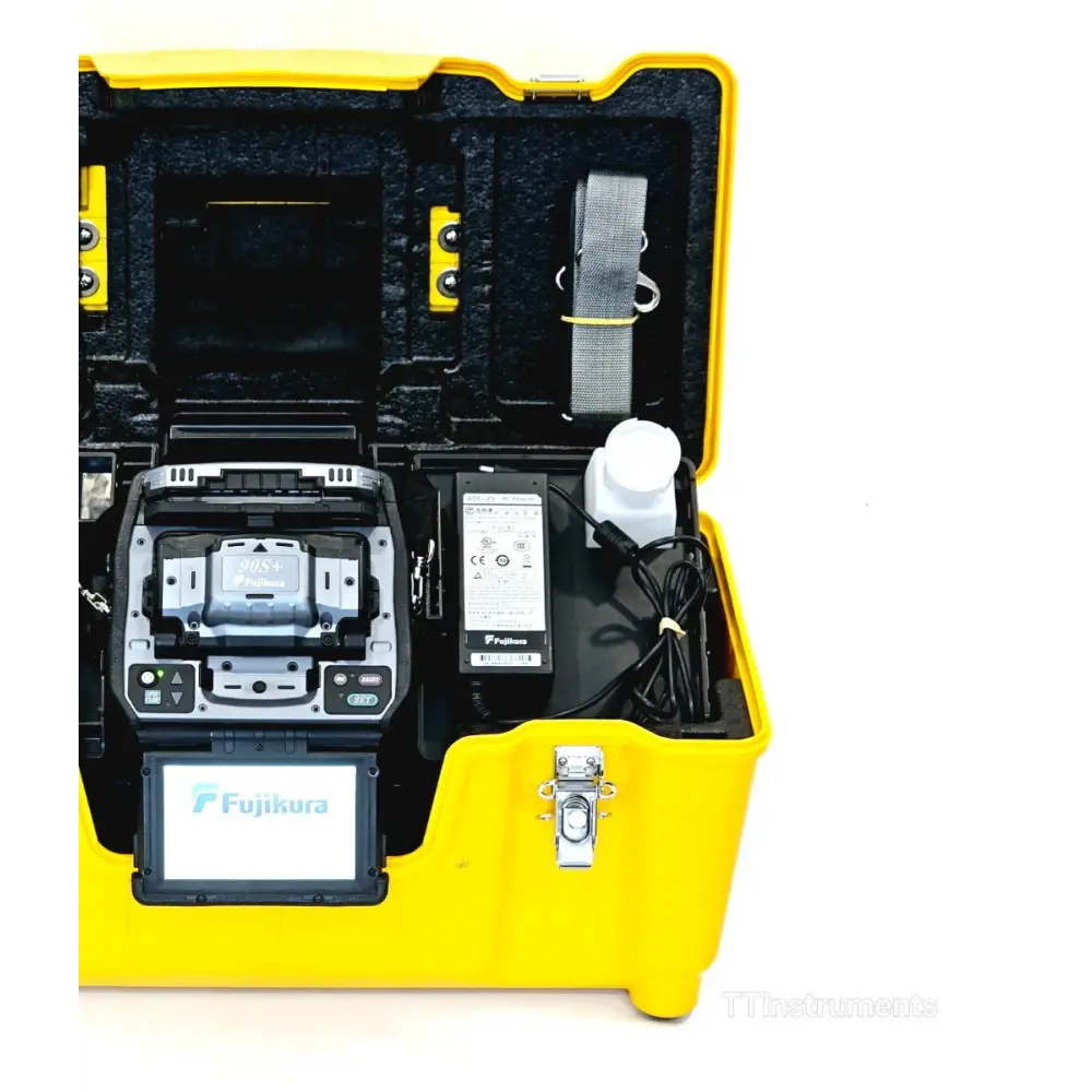 Fujikura 90S+ core alignment fusion splicer front view with touch screen display and fibre clamps