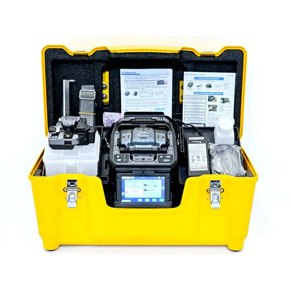 Fujikura 90S+ fibre optic fusion splicer front view with 4.9 inch TFT touchscreen displayed