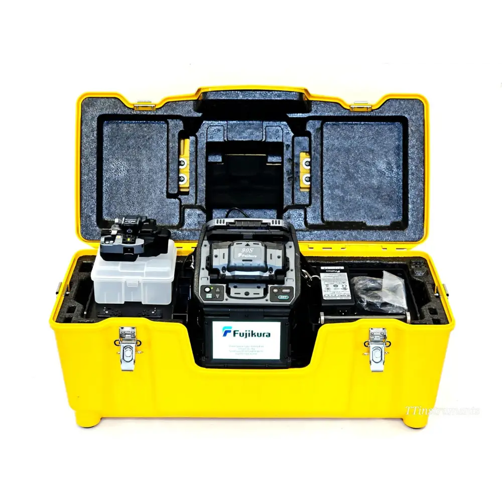 Fujikura 90S fibre optic fusion splicer front view showing LCD display and fibre clamps