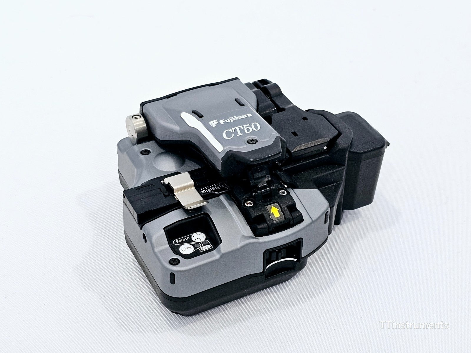 Fujikura 90S+ fusion splicer side view showing USB and power connections