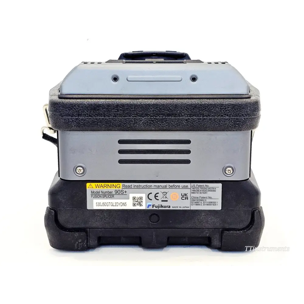 Fujikura 90S+ splicer side view showing ports and battery compartment