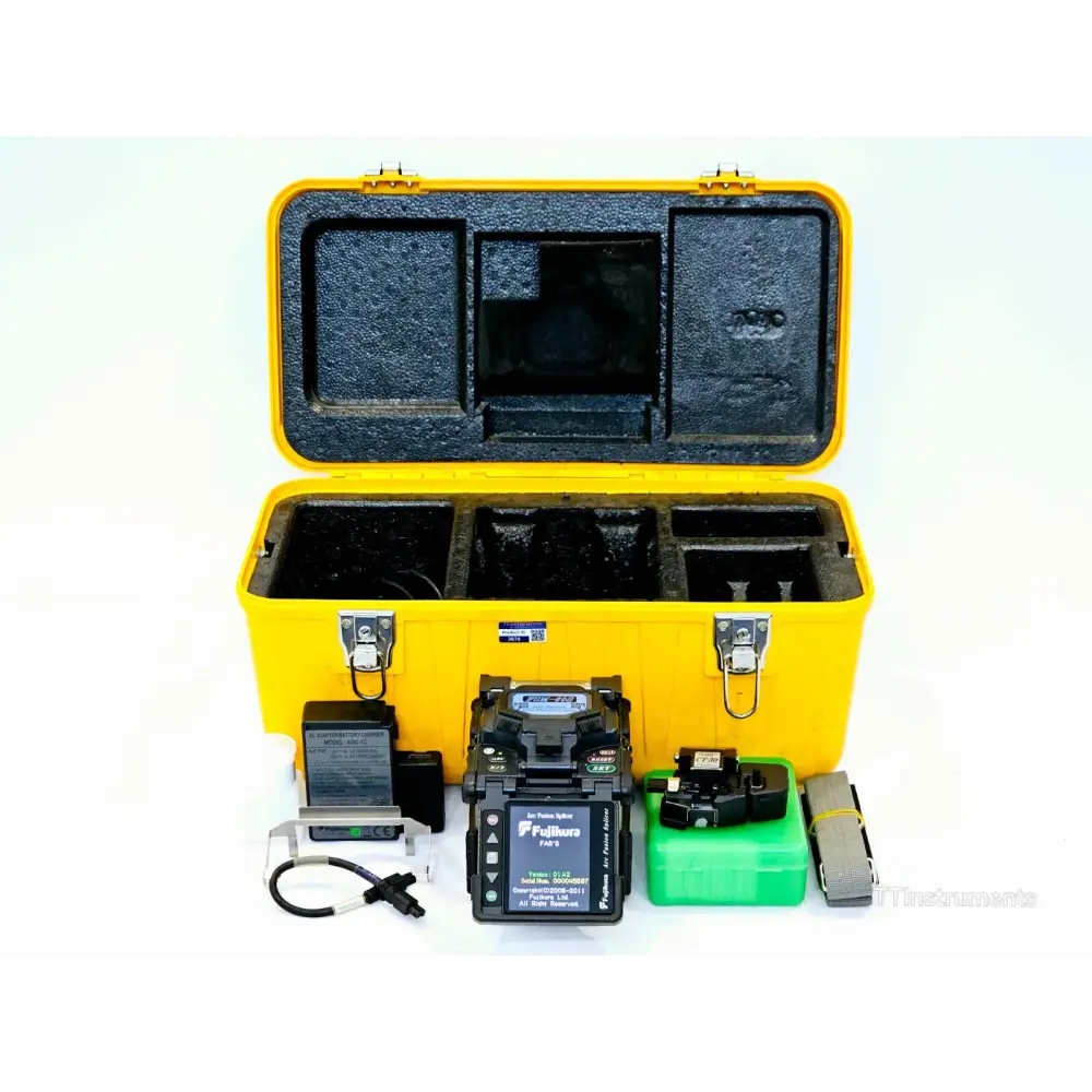 Fujikura FSM-60S fusion splicer front view showing colour LCD touchscreen and fibre holder clamps