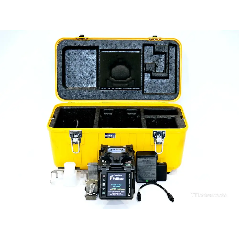 Fujikura FSM-60S core alignment fusion splicer front view showing LCD touchscreen and fibre clamps