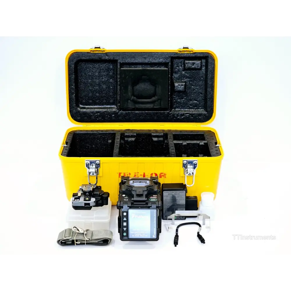 Fujikura FSM-60S fusion splicer front view showing colour LCD touchscreen and fibre clamps