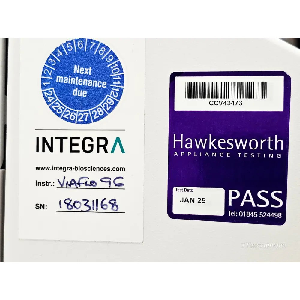 INTEGRA VIAFLO 96 S/N 18031168 maintenance label and Hawkesworth PAT PASS sticker dated January 2025