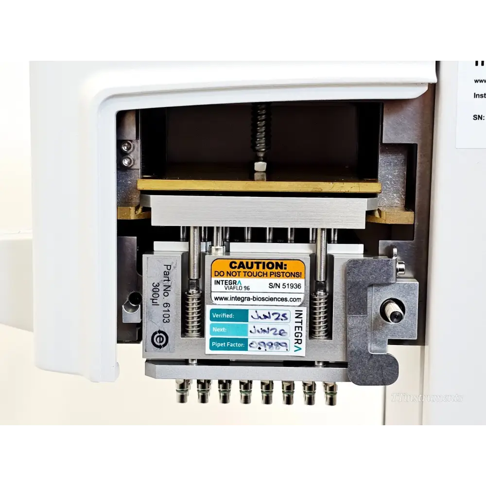 INTEGRA VIAFLO 96 internal view of 300µl 96-channel pipetting head P/N 6103 with service label verified Jun 2025