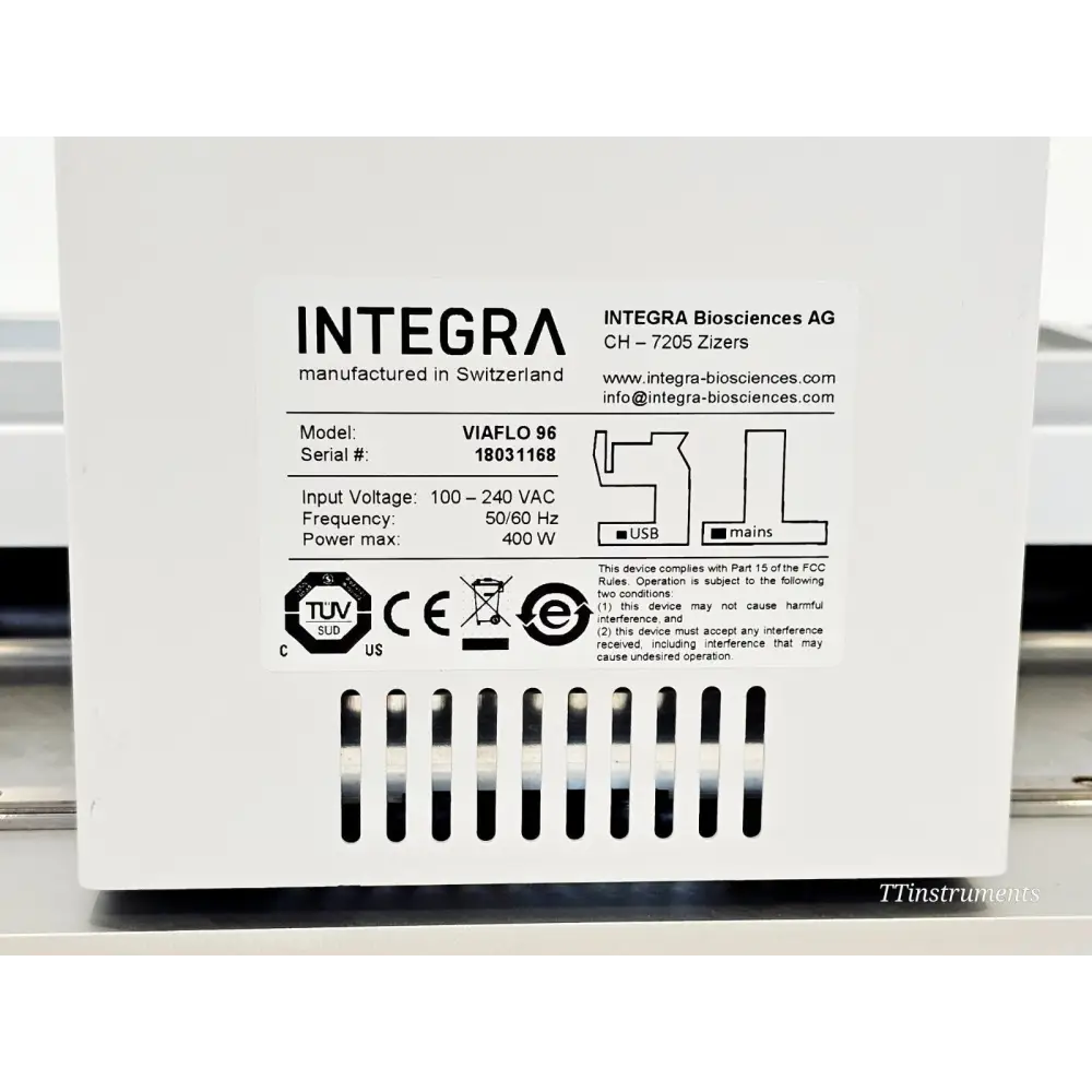 INTEGRA VIAFLO 96 close-up of rear serial number label: Model VIAFLO 96, S/N 18031168, 100-240VAC 400W