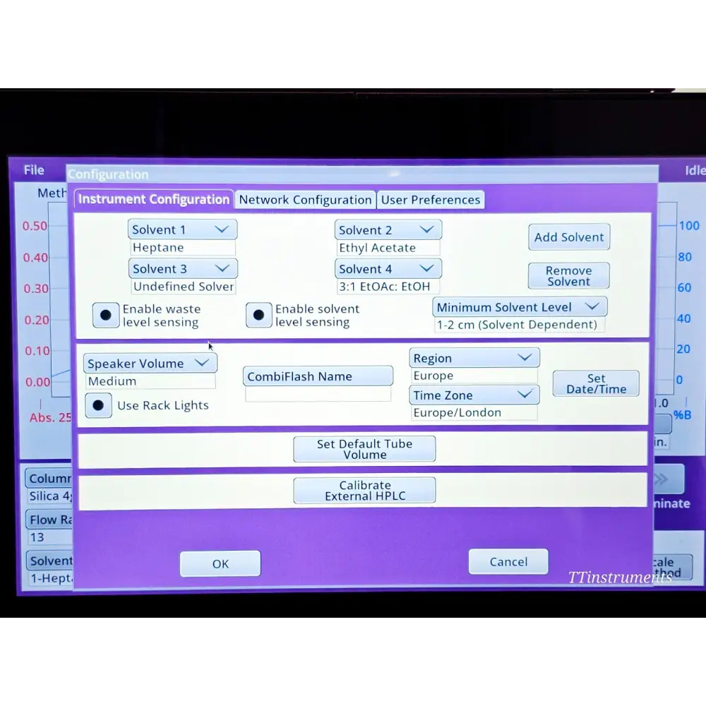 CombiFlash NextGen 300+ Instrument Configuration screen showing solvent setup and Europe/London region setting