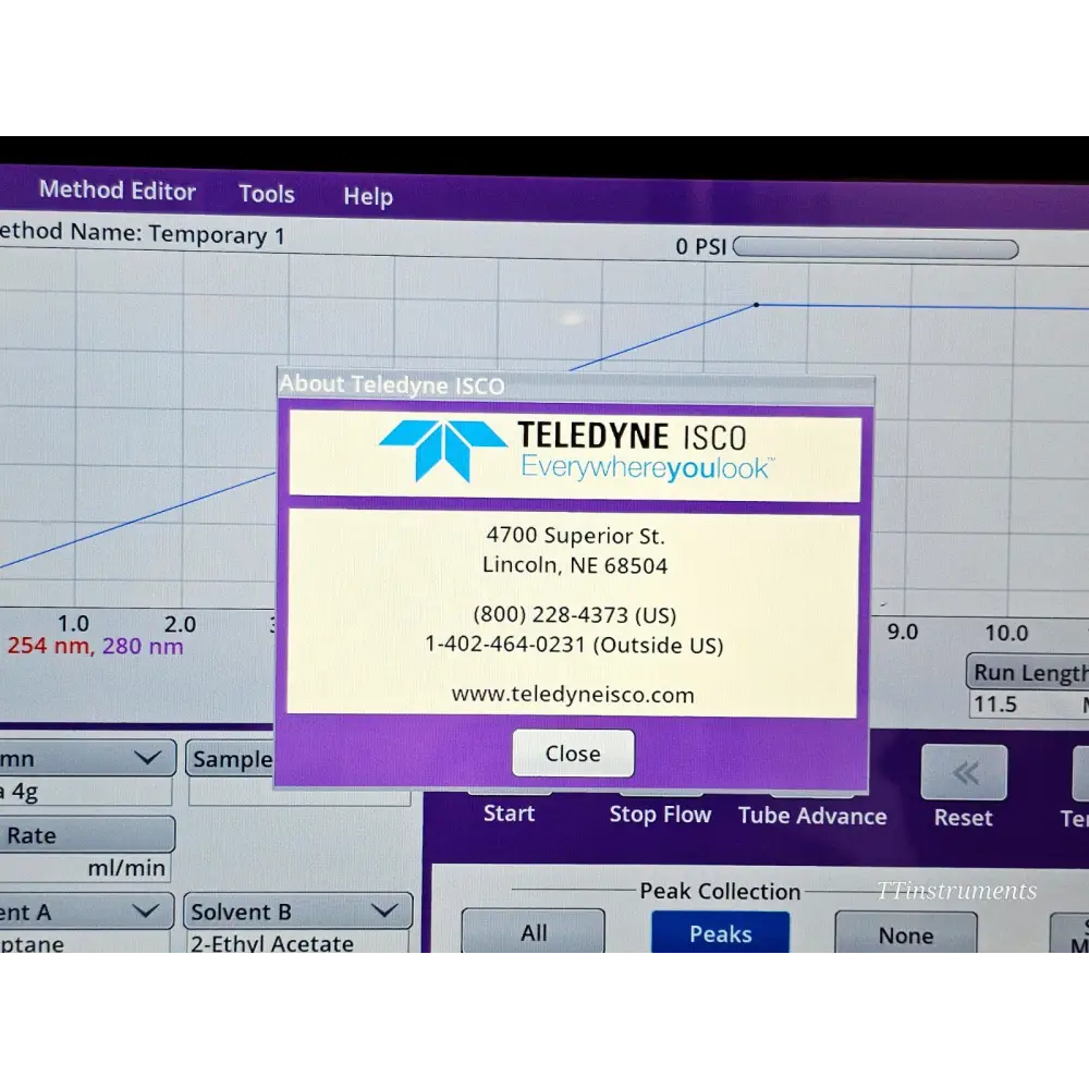 CombiFlash NextGen 300+ touchscreen displaying About Teledyne ISCO software dialog with contact information