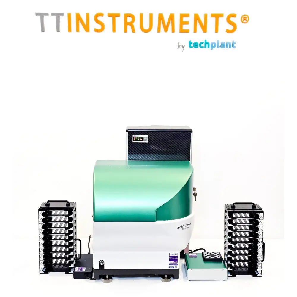 Solentim Cell Metric CLD High Contrast Imager front view with two 10-plate stacker cassettes and Loader-PSU