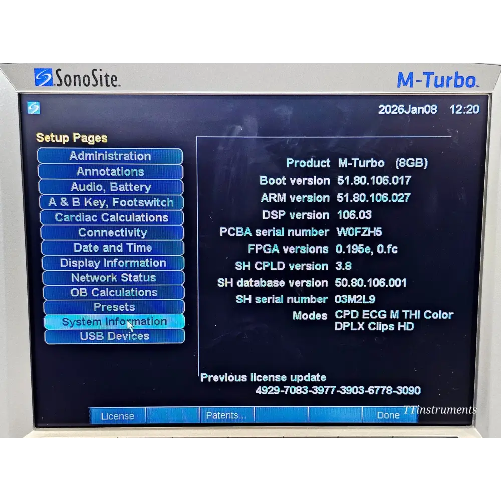 SonoSite M-Turbo system showing mode selection screen detail
